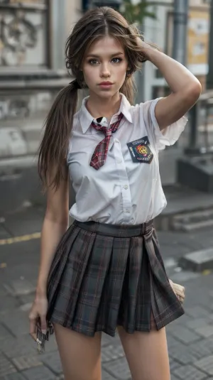 masterpiece, cute, 20 year old, skinny, little slit, best quality, thin legs, thighs, vanille, school girl outfit, upper body, (Hairstyle 2 ponytails), closed mouth, Symmetrical eyes, (Heterochromia:.6), happy, night, carnival, looking at viewer, perfecteyes, <lora:vanille-nvwls-v1-final:.5>, <lora:perfecteyes-000007:.5>, little_caprice, <lora:little_caprice:.8>, Plaid, shirt, skirt, necktie, <lora:Plaid School Dress By Stable Yogi:.8>