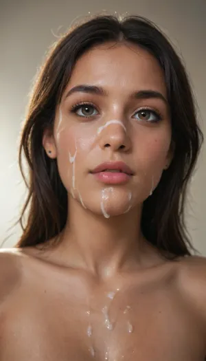 (best quality:1.1), african girl, deep black skintone, black hair, beautiful face, cute tall tall tall, topless, (topless:1.2), 8k, 4k, intricate, detailed face, detailed eyes, dark brown eyes, gradient background, strong lighting, ((cum on face:1.3)), realcumAI, bukkake, facial, shirtlifthent, woman, cum, on, face, ShirtUp, mlfpchs, melanin, <lora:facialized:1.3>, <lora:JustCum:.5>, <lora:ShirtUp:.5>
