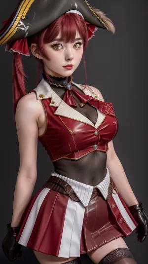 Houshou Marine, houshouBase, heterochromia, red and yellow eyes, twintails, long hair, ribbon, large breasts, choker, leotard under clothes, cropped sleeveless, bicorne, skirt, miniskirt, leather belt, thighhighs, <lora:HoushouMarineV2LORA-000050:1>, marinedef, <lora:marine1-000004:.5>