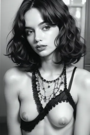 woman, 18 year old skinny naked brunette with curly bob haircut, monochrome, grayscale, black and white, pointillism style, full-length, bare breasts, erect nipples, bare pussy, naked pussy, flat_chest, _breasts, <lora:bwpointillism_1:1.3>, <lora:ahx_v1:.5>, <lora:jkSmallBreastsLite_V01:.5>