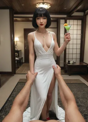 (UHD 8K, masterpiece, best quality, maximum details, extreme realism, cinematic still), (night time:1.2), (beautiful 35 years old Japanese girl), (((Japanese))), (fancy hotel room), black hair, front bangs, bob cut, (small perky breasts), (athletic), (white cocktail_dress:1.5), (red high heels), (red nail polish), (red lipstick), (gold necklace), (standing), (seductive smile), (tall muscular bearded Arab man:1.2), (huge cock), (dress grab:1.5), (pov)