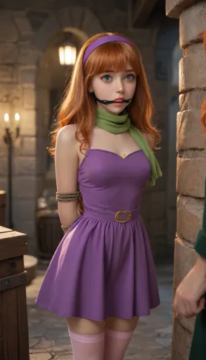 daphne blake, hands tied behind back, wide eyes, gagged, fucked by monster, purple dress, pink stockings, green scarf, purple headband, ginger hair, dungeon