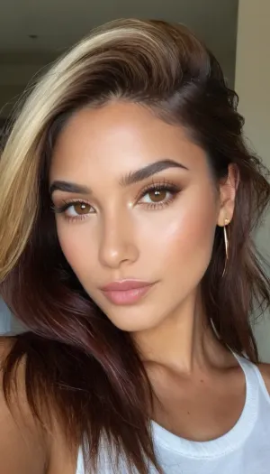 (loving girlfriend, Latina, Mexican, rich chestnut skin tone, makeup model, hair model, stunning actress:1.8), (intimate snapshot, snapshot aesthetic:1.5), (focus on eyes, soft smoky eye makeup, full brows, natural elegance, subtle sophistication:1.4), (sultry eyes, long eyelashes, adorable, bashful pose, hopeful and flirty gaze, soft loving smile, shy smile, delicate features, pixie features:1.4), (deep mahogany hair with honey-brown roots, (wet-look:1.4), hair styling, textured layers, slightly messy aesthetic, golden highlights, asymmetric hair, (swept back hair style), , , hair product, slicked hair, gelled hair, wet hair:1.8), (seductive, sultry, sexual tension, sexual anticipation, sexual attraction:1.4), (natural lighting, naturally lit, ambient lighting, hair glow lighting:1.1), (soft shadows on her face:.9), taken with a smartphone camera, snapshot style, point-and-shoot, shallow depth of field, (natural phone bokeh, lens flare:1.1), slightly off-center composition, natural framing, soft focus on background, ziprealism, igbaddie, <lora:igbaddie-XL:.4>