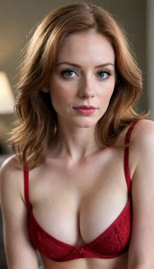 She is a Young milf.
30 years old, Ginger, Long messy dark hair, Very pale skin, Skinny girl, She is in the living room
big firm breasts
skinny jeans
red bra