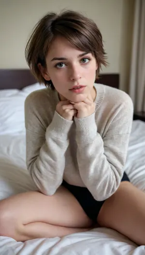 portrait of shy girl, cute, 18 yo, skinny, short hair, snub nose, very horny, moaning, provocative, ((very much want have sex)), young, brown hair, caucasian, full body, laying on bed, pullover, ((ultra realistic:1))