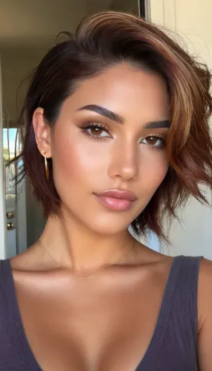 (loving girlfriend, adoring girlfriend, Latina, Mexican, rich chestnut skin tone, makeup model:1.8), (intimate snapshot, snapshot aesthetic:1.5), (focus on eyes, soft smoky eye makeup, full brows, natural elegance:1.4), (sultry eyes, glittering eyes, long eyelashes, adorable, bashful pose, loving flirty gaze, joyful smile, delicate features, pixie features:1.4), (wet-look hair:1.8), (short cut deep mahogany hair with honey-brown roots, textured layers, slightly messy aesthetic, golden highlights, asymmetric hair, (swept back hair style), , , hair product, slicked hair, gelled hair, wet hair:1.8), (seductive, sultry, sexual tension, sexual anticipation, sexual attraction:1.4), (natural lighting, naturally lit, ambient lighting, hair glow lighting:1.1), (soft shadows on her face:.9), taken with a smartphone camera, snapshot style, point-and-shoot, shallow depth of field, (natural phone bokeh, lens flare:1.1), slightly off-center composition, natural framing, soft focus on background, ziprealism, igbaddie, <lora:igbaddie-XL:.4>