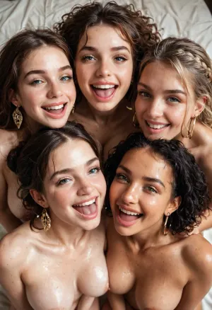 three naked girls, standing facing each other, ((pushing their large perky breasts together)), ((throwing their heads back)), laughing viciously, (((seen from above)))