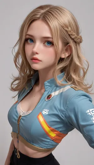 half body, 3/4 view portrait of a girl with double braid hair, blONDE wavy hair, side view, tiny boobs, facing side, cyan oversize glowing futuristic jacket, short black pants, 4ng3l, face, side angle shot, serious face, thick fat legs, athletic muscular body, heroic pose, blank background, view from side, extreme high angle shot, epic pose, looking up, <lora:SDXL_BetterFaces-LoRA_v1:.5>, <lora:FuturisticGlassesXL:.5>