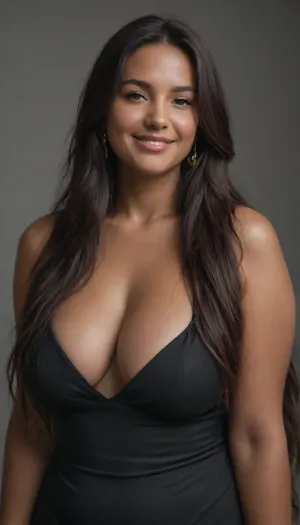 (Stunningly beautiful:1.8), 25 year old indian woman wearing a loose black dress stood in a, (photography studio:1.6), (smile:1.3), (upper body shot), curvy, (imperfect skin:1.8), (obese:1), (black straight long hair:1.5), (tall:1.3), (broad shoulders:1.4), (brown skin:1.3)