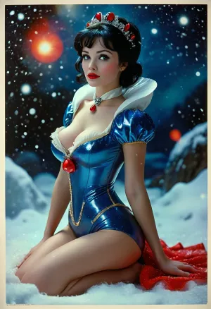 Movie poster for a 1960s SciFi movie version of the snow white, sexy space princess, cleavage, sexy legs, huge breasts, <lora:MJ52:.8>