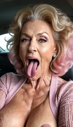 smile skinny brigitte nilsen old granny, smile gilf streches out her extreme long tongue, usa pervert old bodybuilding muscle woman gilf with long tongue, massive boobs, open her mouth big, waiting for cumshot, in bed, smokey, lipstick, ginger kinky curly hair cut, with very massive tits hugh boobs, sticks her extreme long tongue out of her mouth, big open mouth, in a car, wearing a silver pink rose transparent diamant silver tight sweater with tits free hole, hairstyle after sex, make up running down, kinky crazy granny