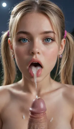 Close up view of a woman's open mouth, her tongue is sticking out, a cock is at the tip of her tongue, the cock is wet with saliva, her tongue is covered in cum, her mouth is overflowing with cum, excessive amount of cum on her tits, outdoors at night, Juliet Starling, naked, young face, pigtails, giant round tits, giant firm tits, ((night time))