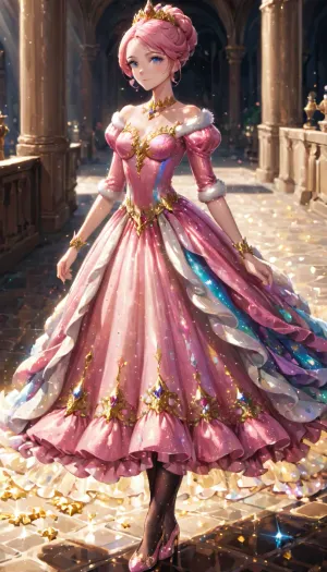 (Fantasy world:1.5), princess girl, beautiful pink hairstyle, fluffy dress, beautiful dress, tights, shoes, shoulder bolero, sequins, rhinestones, <lora:config:2>
