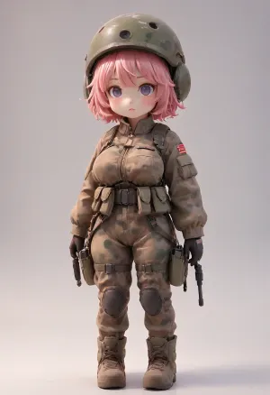 masterpiece, best quality, ultra-detailed, Fantastic army atmosphere, (full body, from a distance), perfect hands, perfect anatomy, perfect feet, 20years old, short stature, solo, A girl standing, (droopy eyes), huge breasts, thick legs, pink hair, short-hair, bangs, camouflage uniform army, skin-tight suit, military helmet, long-sleeve jacket, armor, black belt, pants, leather gloves, black-boots, gun, landmine, pouch, radio, rucksack, front view, wide shot, blushing, on the Square-tile, (chibi, cute), <lora:Designer_BlindBox-000015:1>, (simple all-white background:1.2), score_9, score_8_up, score_7_up, source_cartoon, rating_explicit