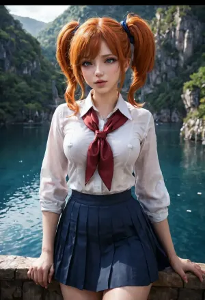 1girl, AliceDV, orange hair, hair, twintails, ogange eyes, masterpiece, extremely best quality, official art, cg 8k wallpaper, white colared shirt, blue pleated skirt, red neckerchief, (Fantasy Style:1.1), (face focus upper body:1.2), dark background, solo, looking up, light particle, highly detailed, best lighting, pixiv, depth of field, (beautiful face), fine water surface, incredibly detailed, (an extremely beautiful), (best quality), <lora:AliceLoraV2SDXL:.5>, revsitting, revstanding, <lora:revsex_SDXL_1_:.5>