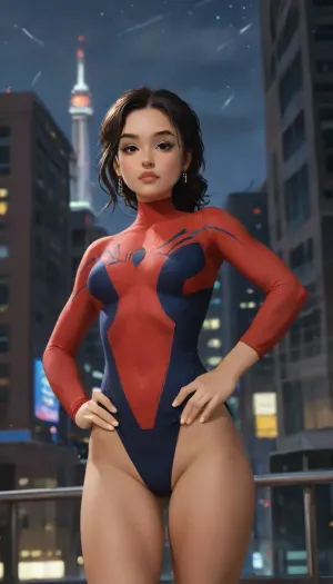 (masterpiece, best quality, absurdres), 1girl, solo, cowboy shot, sw2099, red eyes, young dark-skinned supermodel female, looking at viewer, hands on hips, glowing, skimpy intricate spiderman leotard bodysuit, hourglass body, muscular, outdoors, New York city Time Square below, night, on rooftop, highlydetailedbody, realisticface, highlydetailedhair, insanelydetailed, 8K.highdetailedskin, highresolution, perfectfingers, (j_cartoon:1.5), Drawing., tyxla, <lora:tyla_juggerX_xl_1_st_wocap-tyxla-000086:1>, spiderman, ps4, spider, web, printing, red, bodysuit, <lora:d0429b4d-4b02-4aad-b9e8-d20d30298f9f (1):.5>, <lora:samdoesarts1.1-000030:.4>, <lora:J_cartoon:.3>, <lora:Animated_Concept:.4>
