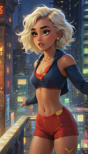 (masterpiece, best quality, absurdres, perfect anatomy), 1girl, solo, cowboy shot, long curly messy platinum blonde hair, bright glowing green eyes, young dark-skinned supermodel female, looking at viewer, blushing, submissive expression, horny lusting expression, hands on hips, glowing, intricate Supergirl red blue gold street fashion outfit designer cropped hoodie track shorts thigh high socks converse, muscular-athletic-voluptuous-skinny-thick body detailed washboard abs, outdoors, Supergirl flying, hovering above a Futuristic Cyberpunk Metropolis City The Daily Planet Building below, night, highlydetailedbody, realisticface, highlydetailedhair, insanelydetailed, 8K.highdetailedskin, highresolution, perfectfingers, (j_cartoon:1.5), Drawing., tyxla, <lora:tyla_juggerX_xl_1_st_wocap-tyxla-000086:1>, DCEU, Supergirl, <lora:Supergirl:.1>, <lora:samdoesarts1.1-000030:.4>, <lora:J_cartoon:.3>, <lora:Animated_Concept:.4>