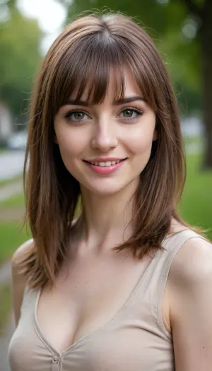 35 yo girl, very flirty pose, sideview, ((girl next door)), pretty, natural beauty, medium breasts, ((cute tall tall tall tall but average appearance:1.3)), ((cute tall tall tall tall)), ((pale skintone:1.2)), ((little bit chubby:1.4)), very flirty smile, showing teeth, ((unkempt hair)), ((straight hair:1.3)), ((symmetrical hair:1.5)), ((perfect fringe hair:1.5)), ((light brown bright hair)), ((very cute tall tall tall tall average youthful face:1.5)), outside, photorealistic, ((perfect composition)), ((perfect contrast:1.5)), ((perfectly balanced exposure:1.5)), ((perfect focus:1.5)), ((extremely realistic detailed lighting:1.5)), ((extremely realistic detailed shadows:1.5)), ((extremely detailed:1.3)), ((extremely high resolution:1.3)), ((16K UHD:1.5)), ((extremely realistic detailed skin texture:1.5)), ((extremely realistic detailed skinpores:1.5)), ((extremely realistic detailed face:1.5)), ((extremely realistic detailed eyes:1.5)), ((extremely realistic detailed hair:1.5)), focus on eyes, ((fully clothed:1.5)), random colored clothing, ((beautiful stylish clothing:1.5)), ((detailed clothing:1.5)), ((detailed environment:1.5)), Sweet_Sticky_xl-01, <lora:EnvyZoomSliderXL01:-1>, <lora:add-detail-xl:.5>, <lora:Sweet_Sticky_xl-01:.5>, <lora:neanderthal_last:.7>