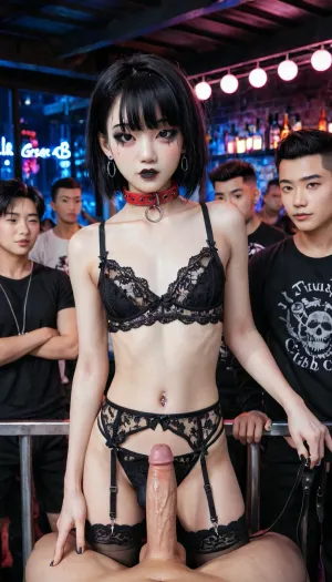 Two boys, 2twinks, 2 japanese twink goth guys, multiple guys, male, gay boi, boys, 25 years old, thin, slim, slender, standing in night club, at a rave, crotch bulges, big crotch bulge, strobe lights, leaning against railing, two boys standing side by side, facing me, looking at me, first person point of view, looking at my cock, goth makeup, emo, thick red collars, both on leashes, Asian, korean, asian twinks, set in night club, lingerie, goth lingerie, black lace lingerie, petite, skinny, cute, sexy, facing my penis, black lace stockings, pale skin