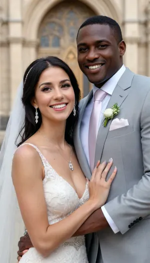 8K resolution, best quality, ultra-detailed, masterpiece, highly detailed, wedding photo, 1girl, sunny day, perfect body woman, skinny women, black hair, 60yo women, old milf, short sexy wedding dress, 18yo huge young black man, happy smile, interracial couple, outside, cathedral, girl looking at viewer, Necklace, Earrings, wedding ring
