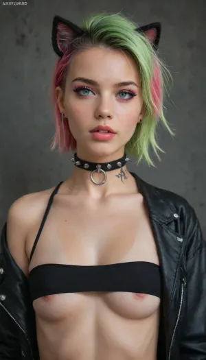 Middle age woman, long, narrow, Face, black cat ears, bright neon green hair, pink bangs hair, punk, punk style clothes, tongue, Piercing, noise Piercing, curvy body, small breasts, spiked color, black leather choker, black leather clothes, sp1k3, choker