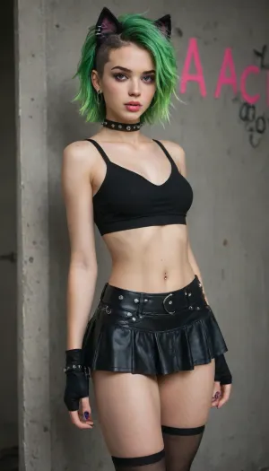 Middle age woman, long, narrow, Face, black cat ears, bright neon green hair, pink bangs hair, punk style clothes, tongue, Piercing, noise Piercing, curvy body, small breasts, spiked color, black leather choker, black leather top, punk skirt, sp1k3, choker, edgpskirt, wearing, punk, skirt, <lora:edgPunkSkirt:.8>