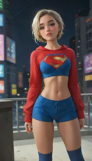 (masterpiece, best quality, absurdres, perfect anatomy), 1girl, solo, cowboy shot, platinum blonde hair, bright glowing green eyes, young dark-skinned supermodel female, looking at viewer, hands on hips, glowing, intricate Supergirl red blue gold street fashion outfit designer cropped hoodie track shorts thigh high socks converse, muscular body, athletic body, voluptuous body, skinny body, thin body, hourglass body, thick body, washboard abs, outdoors, Supergirl flying, hovering above a Futuristic Cyberpunk Metropolis City The Daily Planet Building below, night, on rooftop, blushing, submissive expression, horny lusting expression, highlydetailedbody, realisticface, highlydetailedhair, insanelydetailed, 8K.highdetailedskin, highresolution, perfectfingers, (j_cartoon:1.5), Drawing., tyxla, <lora:tyla_juggerX_xl_1_st_wocap-tyxla-000086:1>, DCEU, Supergirl, <lora:Supergirl:.5>, <lora:samdoesarts1.1-000030:.4>, <lora:J_cartoon:.3>, <lora:Animated_Concept:.4>