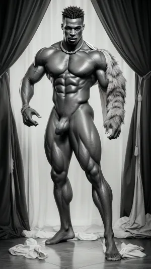 March Orange Male Victor Victoria Nudist Male Relaxing Muscular King Beast Show Colossal Bare Feet transformed into a male bodybuilder dominating the stage with his imposing presence and powerful phys famous photographer’s photo shoot, nudist, muscular toned, hairy african american male model