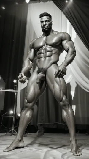 March Orange Male Victor Victoria Nudist Male Relaxing Muscular King Beast Show Colossal Bare Feet transformed into a male bodybuilder dominating the stage with his imposing presence and powerful phys famous photographer’s photo shoot, nudist, muscular toned, hairy african american male model, hairy chest, happy trail, huge phallus, huge buttocks, famous photographer's photo shoot of a