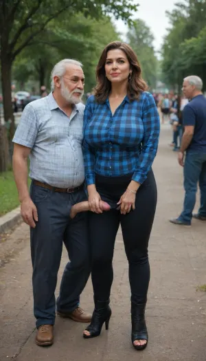 (Old man with a haircut, neat beard and mustache, handsome old man in full growth, checkered shirt, trousers, boots), (milf holds old man's big veiny penis and jerks it off), (milf with round face, very pretty, long-haired brunette, in blue blouse with low neckline, tight dark skirt, lace dark stockings, in open sandals with stiletto heels), old man grabs mature milf's tits, whole body, park, several men, many people around.