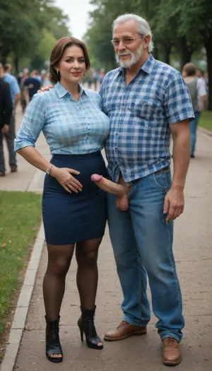 (Old man with a haircut, neat beard and mustache, handsome old man in full growth, checkered shirt, trousers, boots), (milf holds old man's big veiny penis and jerks it off), (milf with round face, very pretty, long-haired brunette, in blue blouse with low neckline, tight dark skirt, lace dark stockings, in open sandals with stiletto heels), old man grabs mature milf's tits, whole body, park, several men, many people around.
