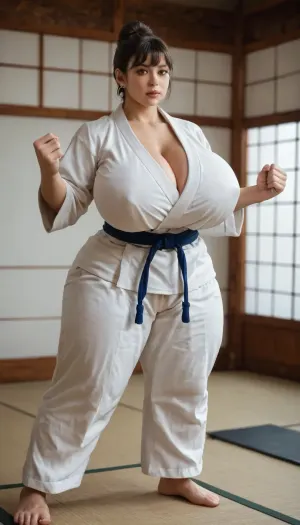 one solo woman, a super busty chubby woman with a huge ass, (super gigantic breasts, gigantic hips), thick thighs, chubby calves, chubby, light makeup, (brown updo hair with bangs), (wearing martial arts clothes:1.3), wide nipple pokies, round cheeks, Standing with feet shoulder-width apart