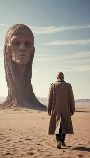 a man in a long coat walking across a desert with a giant worn head in the background, concept art, fantasy art