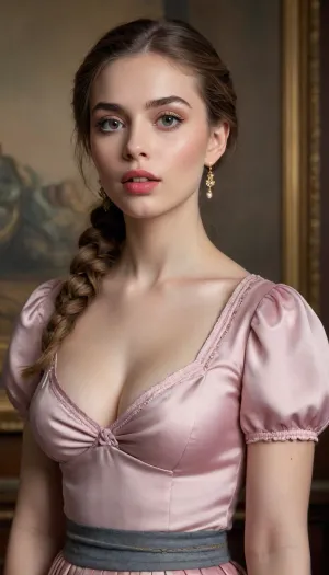 Photorealistic, masterpiece, (((in the style of a baroque painting))), young woman with pigtails and licking a lollipop, (((cleavage))), (((blouse in knot, pleated skirt))), (bellybutton ring, nose ring), (perfect hands), (perfect fingers), (((beautiful face, stunning, gorgeous, natural face))), (((realistic face))), With a striking, angular structure, her face carries an intensity that captivates and commands attention. Her high cheekbones stand out, creating sharp, defined lines beneath her eyes. The contours of her face are accentuated by her slender jawline, which tapers into a pointed chin, giving her an almost ethereal, otherworldly quality. Her skin is pale, often with a subtle, natural glow, emphasizing the cool undertones in her complexion.

Her eyes are large and almond-shaped, often highlighted with a smoky or muted makeup style that enhances their deep, reflective quality. They convey a sense of mystery, sometimes appearing intense and brooding, at other times soft and introspective. Her eyebrows are well-groomed, arched but not overly defined, providing balance to her face's sharp features.

The nose, narrow and slightly angular, complements the overall symmetry of her face, adding to its stark beauty. Her lips are moderately full, with the top lip having a distinctive, well-defined Cupid's bow. When she smiles, it’s subtle, often carrying a hint of mischief or vulnerability, adding an intriguing complexity to her expressions.

A sense of quiet strength emanates from her face, balanced by moments of vulnerability that make her appear both elusive and approachable. There’s a certain rawness to her features, a mix of youthful charm and mature gravitas, making her look timeless yet contemporary. Whether in repose or mid-expression, the energy in her face seems to shift, offering layers of depth that are as captivating as they are enigmatic.