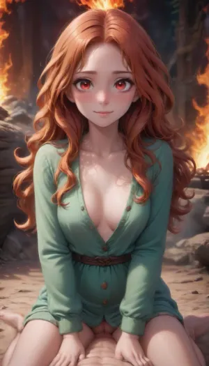 beautiful fit 21 yo fit woman with long curly ginger wavy hair, perfect hands, perfect fingers, medium firm round tits, (ginger hair:1.3), (long hair:1.2), ((sit in hiking camp)), dressed in hiking clouth and pants, clear sunny day, sunbeams, perfect face, (five fingers), ((submissive)), ((lovely)), (((in very sexual intimate erotic pose))), wild hair, full body, ((very much want have sex)), ((high detailed pores on skin)), well-build body, small lips, lots of freckles face and skin, blush on the checks and nose, (raised nasal tip, upturned button nose, upturned nose, delicate nose, nose), (((((full empty red eyes))))), ((burning red eyes)), brown wild wet hair with sidelocks, very sexy smile