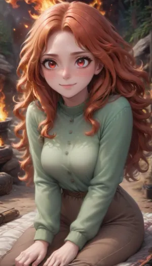 beautiful fit 21 yo fit woman with long curly ginger wavy hair, perfect hands, perfect fingers, medium firm round tits, (ginger hair:1.3), (long hair:1.2), ((sit in hiking camp)), dressed in hiking clouth and pants, clear sunny day, sunbeams, perfect face, (five fingers), ((submissive)), ((lovely)), (((in very sexual intimate erotic pose))), wild hair, full body, ((very much want have sex)), ((high detailed pores on skin)), well-build body, small lips, lots of freckles face and skin, blush on the checks and nose, (raised nasal tip, upturned button nose, upturned nose, delicate nose, nose), (((((full empty red eyes))))), ((burning red eyes)), brown wild wet hair with sidelocks, very sexy smile