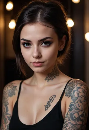 portrait of a beautiful sexy tattooed 18 years old girl, skinny, dark eyes, mysterious, (seductive look:1.4), (malicious smile:.8), naughty, black simple top