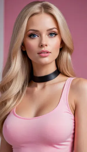 Naked girl, Glamour, barbie style, Blond girl 18+, bimbo with big juicy lush bust, Russian, beautiful, athletic figure, long straight hair, (Light brunette Ice Pink), below the shoulders, side view, black choker, realistic, close-up, white T-shirt with U-neck, relief fitness body, athletic tummy, full-body, professional photo, pink glossy background, depth of field, fashion style photo, SCHNEIDER-KREUZN
