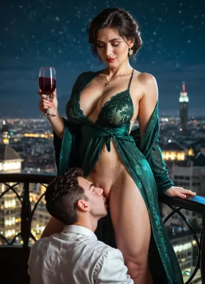 (masterpiece, best quality), (Twilight Photography:1.4), (Italian woman, milf, Sofia:1.1), (emerald green glossy silk chemise, glossy silk night robe), holding glass of wine, (cunnilingus, standing cunnilingus:1.2), aroused, (cinematic lighting), spacious balcony, glass railings, city skyline view, penthouse, (night:1.4), captured with a Leica M10, Leica Summilux 50mm f/1.4 lens, sharp focus, best shadow, 8K, UHD, clear image, extremely sharp, extremely detailed, extremely intricate detail, high res, ultra-high-definition, highly detailed, ultra-sharp textures, finely detailed, perfect skin texture, hyperrealistic lighting, professional photography, full dynamic range, deep contrast, high clarity, realistic depth of field, HDR, perfect exposure, smooth gradients, natural reflections, ultra-fine details, realistic skin pores, individual hair strands, soft shadows, color-graded