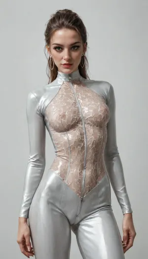 woman, A fashion model with fair skin is showcased wearing an avant-garde bodysuit, drawing inspiration from Iris van Herpen’s complex, intricate designs and Ross Lovegrove’s futuristic style. The bodysuit is crafted from transparent and clear materials, constructed with an elegant, sophisticated structure. Set against a pristine, clean white background, the image focuses sharply on the model, emphasizing the details of the bodysuit. The rendering aims for a hyper-detailed, high-resolution effect, employing techniques to achieve a photorealistic, hyper-realistic look that captures the fine textures and subtleties of the materials and design., flat, chested, <lora:bdsm_SDXL_1_:.5>, <lora:sexmachine_XL_0_:.5>, <lora:lactation_XL_0_:.5>, <lora:flat_chested_v3.5:.5>