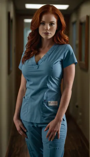 Ultra high definition, ultra high resolution, photorealistic, 8k resolution, full body photograph of very busty 30 year old redheaded nurse in low cut scrubs