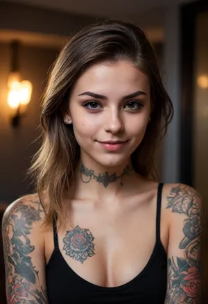 portrait of a beautiful sexy tattooed 18 years old girl, skinny, dark eyes, mysterious, (defiant look:1.4), (malicious smile), naughty