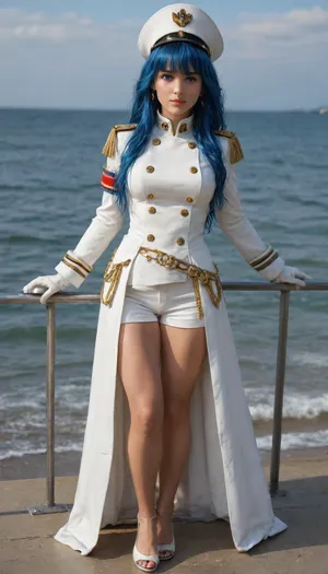 HDR, sharp focus, (8k), (4k), masterpiece, best quality, extremely detailed, hyper detailed, helm, blue eyes, blue hair, long hair, bangs, hair intakes, military hat, hairband, military uniform, buttons, aiguillette, epaulettes, white coat, armband, white belt, white gloves, white shorts, high heels, cowboy shot, looking at viewer, ocean