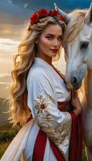 ((At the hills to paradise, located in a blue sky with white and foggy clouds)), there is a beautiful gypsy princess hugs angelic unicorn, her complexion deep and white, her tresses and hair radiant blonde. She is attired in a pristine white kimono cinched with a matching sash, her features characterized by a narrow visage and a hairstyle in the shape of devil hair. She hugs a unicorn with a rainbow colored mane.

Her stance is tall and otherworldly, her gaze large and smoldering. Her smile is intricate, embellished with intricate details. The artwork is rendered in shimmering hues, vivid and alluring. The composition is centered on her form, viewed from below.

This artwork exudes a dark fantasy aesthetic, blending opposing shades of black and white. Yellow and scarlet eyes add depth, accompanied by the application of crimson lipstick. Warm tones are conveyed through swirling streams of ink, creating a hypnotic effect.

Acrylic calligraphy and watercolor techniques seamlessly merge into this maximalist masterpiece. Gouache fluidity enhances the level of detail, while the golden hour light contributes to a hyperrealistic impression. This artwork is meticulously crafted, with each element executed with precision.

Upon closer inspection, it becomes apparent that the gender of the figure is ambiguous. The scale of the artwork is set at 64.