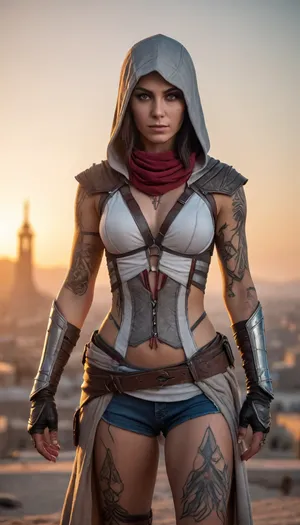 Beautiful Bionic tattooed With an X-shaped body shape girl in full body Dressed in the Assassin's Creed style In a light haze At a beautiful evening sunset