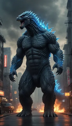 uber realistic image, fullcolor image, full body view, 8K quality, ultra detailed, masterpiece, dark fantasy, A giant monster, Godzilla, (70 meters tall), Godzilla's dorsal spines glow with a blue electrical discharge, ((emerges from the sea onto the streets of Tokyo)), destruction, destroyed houses, fires, houses and cars burn, many people run in panic from the monster, side view, whole body in frame, whole body visible