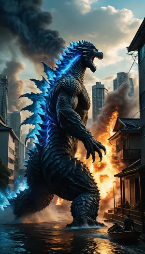 uber realistic image, fullcolor image, full body view, 8K quality, ultra detailed, masterpiece, dark fantasy, A giant monster, Godzilla, ((170 meters tall)), Godzilla's dorsal spines glow with a blue electrical discharge, emerges from the sea onto the streets of Tokyo, ((a stream of blue flame shoots from the monster's mouth into the nearest house)), destruction, crumbling skyscrapers, fires, houses and cars burn, many people run in panic from the monster, side view, whole body in frame, whole body visible