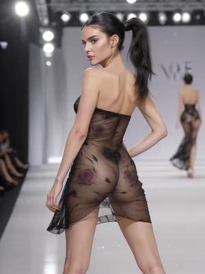 Vogue Runway, Minimalistic full-body shot of a young, pretty woman with black hair in a ponytail, wearing sparkling transparent dress with elegant rose print details, (walking on the runway in the style of Vogue), (hands, on, own, ass), (grabbing, ass, stretch, spread), strapless, tube, dress, <lora:strptubedress-10:.5>