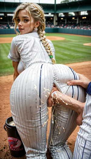 18 year old girl, cute innocent face, toned body, a cup breasts, perky breasts, muscular perfect ass, perfect pussy, sweaty skin, blonde double braided hair, tight white pinstripe softball shirt, tight white pinstriped softball pants, eye black under eyes, standing on baseball field, fucked Doggystyle, cum in pussy