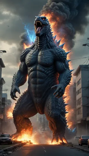 uber realistic image, fullcolor image, full body view, 8K quality, ultra detailed, masterpiece, dark fantasy, A giant monster, Godzilla, ((170 meters tall)), Godzilla's dorsal spines glow with a blue electrical discharge, ((emerges from the sea onto the streets of Tokyo)), a stream of blue plasma shoots from the monster's mouth into the nearest house, destruction, destroyed houses, fires, houses and cars burn, many people run in panic from the monster, side view, whole body in frame, whole body visible